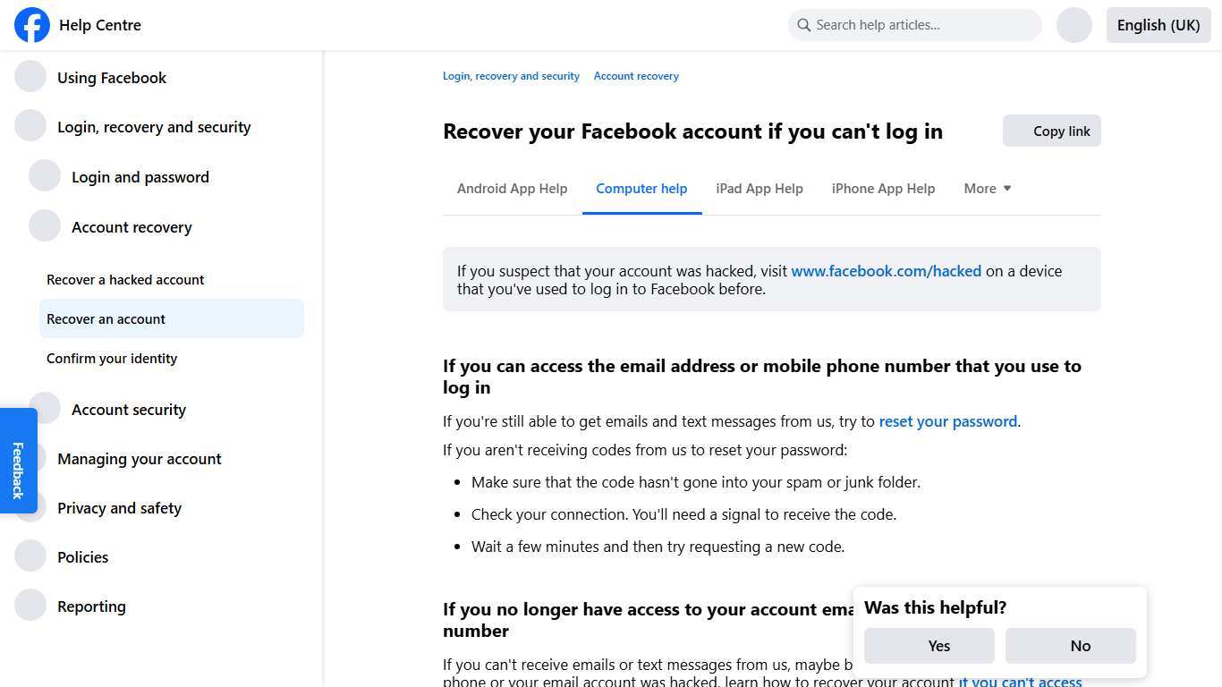 Recover your Facebook account if you can't log in Facebook Help Centre