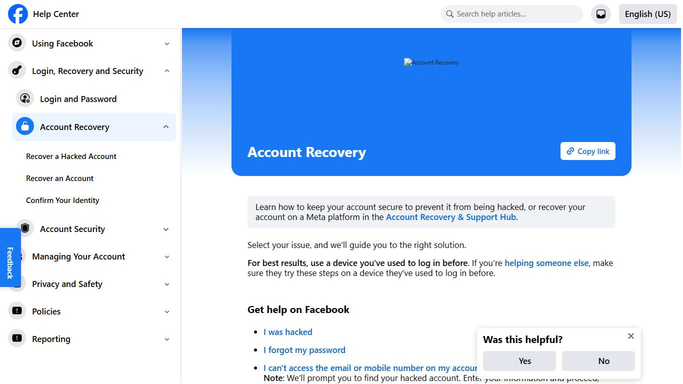 Account Recovery Facebook Help Center