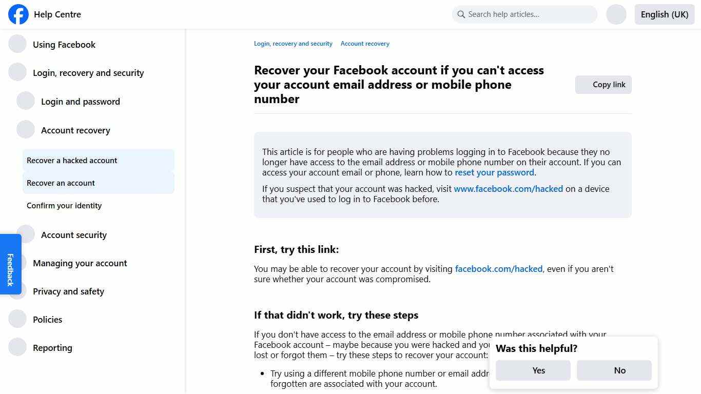 Recover your Facebook account if you can't access your account email address or mobile phone number Facebook Help Centre